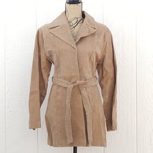 VTG Leather Trench Coat Jacket L Tan Whipstitch Boho Western Penny Lane 70s